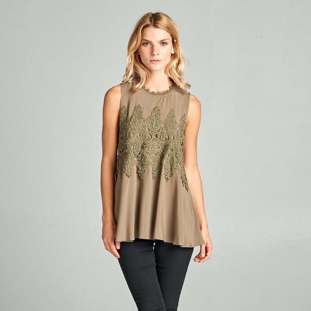 Olive Crochet Lace Sleeveless Peplum Tank